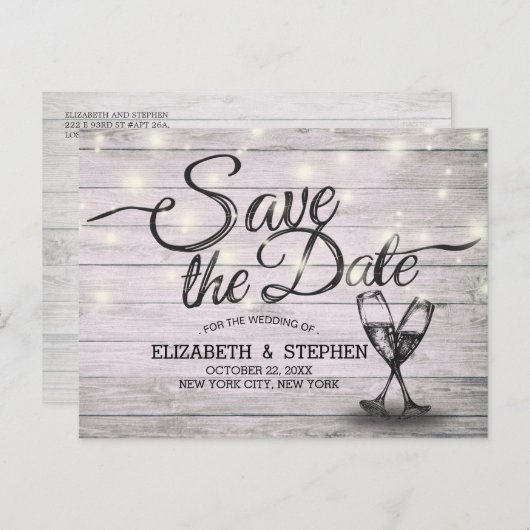 Carte Postale Faire-part Verres à champagne en bois de mariage Enregistrer (Devant / Derrière)