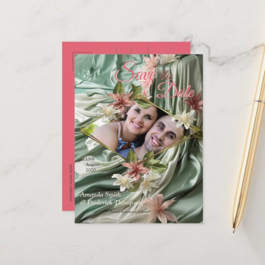 Carte Postale Faire-part Vert, Crème, Draps De Soie Et Fleurs De Pinkish (Devant/Arrière en situation)