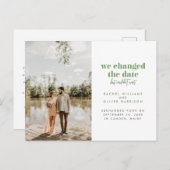 Carte Postale Faire-part Vert de mousse Nous avons changé la date mais n'av (Devant / Derrière)