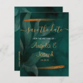 Carte Postale Faire-part vert émeraude moderne et feuilles Sauvez la date (Devant / Derrière)