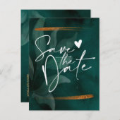 Carte Postale Faire-part vert émeraude moderne et feuilles Save the Date An (Devant / Derrière)