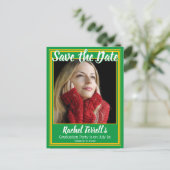 Carte Postale Faire-part Vert et Or Enregistrer la Graduation Date (Debout devant)