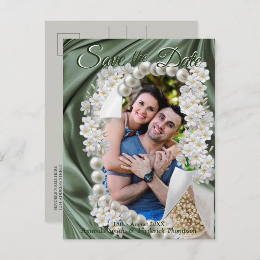 Carte Postale Faire-part Vert feuille de soie & Perles d'ivoire Enregistrez (Devant / Derrière)