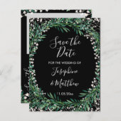 Carte Postale Faire-part Vert & Florets Aquarelle Noir Enregistrer la date (Devant / Derrière)