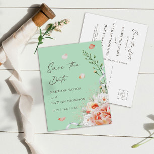 Carte Postale Faire-part Vert menthe et floral botanique pêche Enregistrer