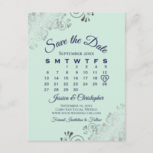 Carte Postale Faire-part Vert menthe et marine Calendrier de mise en garde  (Devant)