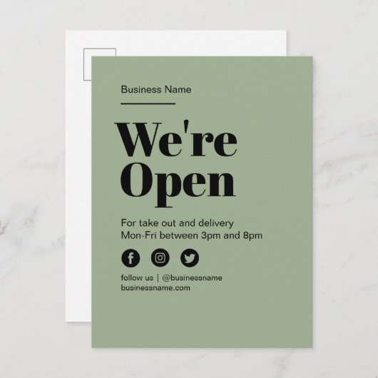 Carte Postale Faire-part Vert moderne Ouvert pour les entreprises Découvrir (Devant / Derrière)