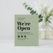 Carte Postale Faire-part Vert moderne Ouvert pour les entreprises Découvrir (Debout devant)