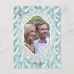 Carte Postale Faire-part Vert sauge soie & or, flamant rose blanc, scintill