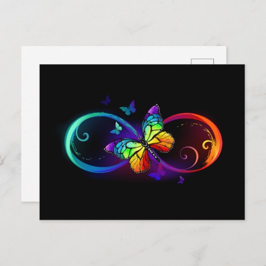 Carte Postale Faire-part Vibrant infinity with rainbow butterfly on black (Devant / Derrière)