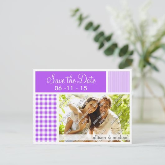 Carte Postale Faire-part Vichy à carreaux violets (Debout devant)