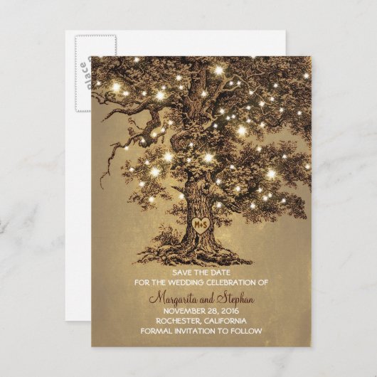 Carte Postale Faire-part vieux chêne rustique lumières enregistrer la date  (Devant / Derrière)