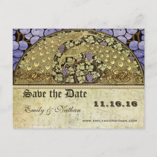 Carte Postale Faire-part Vignoble Art Nouveau Paons Oiseaux Sauver la Date