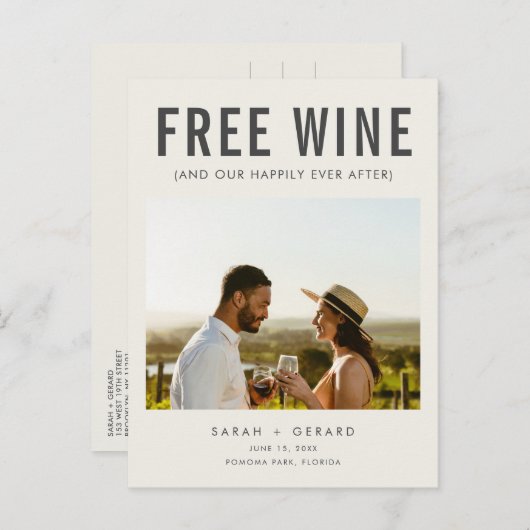 Carte Postale Faire-part Vin gratuit (et notre bonheur éternel) Mariage (Devant / Derrière)