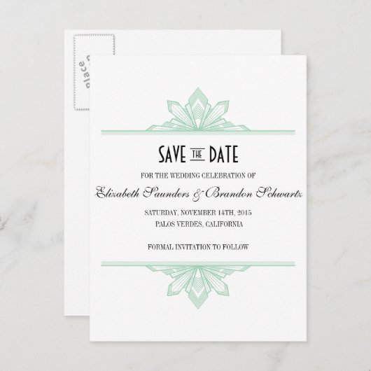 Carte Postale Faire-part Vinatge Deco Mint & Black Enregistrer la date (Devant / Derrière)