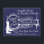 Carte Postale Faire-part Vintage Bleu Chalkboard Cowboy Enregistrer La Date<br><div class="desc">Vintage Bleu Chalkboard Enregistrer La Date design graphique. Il est doté d'un emblème de style victorien vintage, de bottes de cowboy et de cowgirl et d'un arrière - plan de tableau noir bleu. Cette carte postale s'appliquerait aux mariages, fiançailles, anniversaires, ventes aux enchères silencieuses, douches, fête d'anniversaire surprise, remise des...</div>