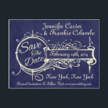 Carte Postale Faire-part Vintage Bleu Chalkboard Enregistrer la date<br><div class="desc">Décor de style vintage avec un arrière - plan en damier bleu. Utilisez ce Save The Date pour les mariages, diplômes, douches, sweet sixteen, quinceañera, batte mitvah, anniversaire, anniversaires, collecte de fonds, évènement caritatif et autres occasions. La couleur Arrière - plan peut être changée pour s'adapter à votre propre jeu...</div>