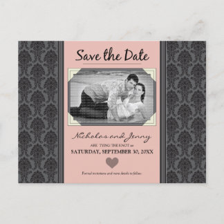 Carte Postale Faire-part Vintage Damask Photo Coral Enregistrer la date