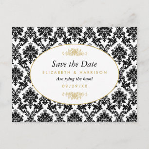 Carte Postale Faire-part Vintage Or, Noir & Blanc Damassé Save The Date