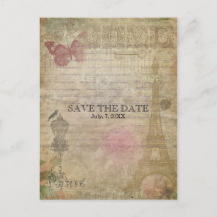 Carte Postale Faire-part Vintage Paris Chic Mariage ENREGISTRER LA DATE Car