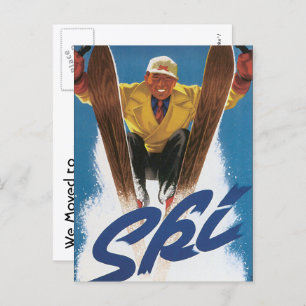 Carte Postale Faire-part Vintage voyage, Ski, neige, changement d'adresse