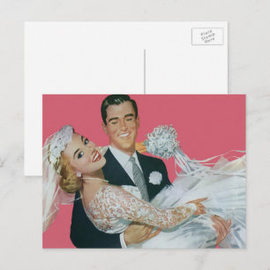 Carte Postale Faire-part Vintage Wedding Newlyweds, Groom Carrying Bride