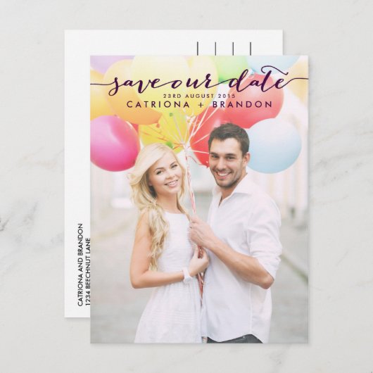 Carte Postale Faire-part Violet manuscrit script photo Enregistrer notre da (Devant / Derrière)