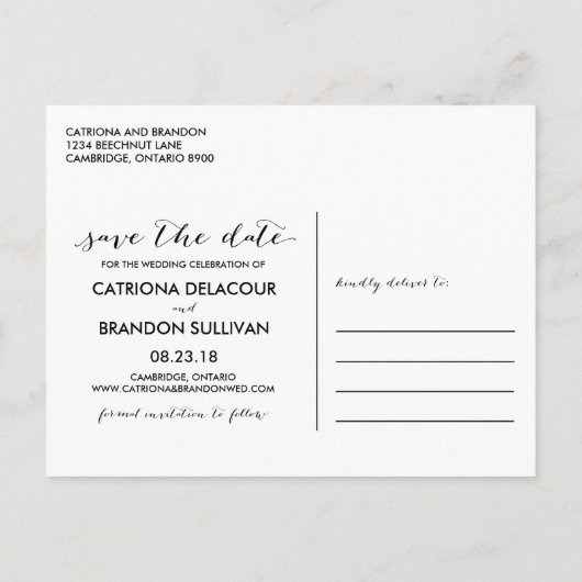 Carte Postale Faire-part Violet manuscrit script photo Enregistrer notre da (Dos)