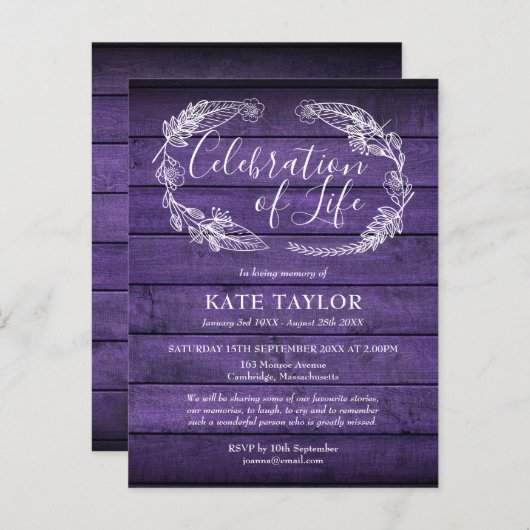 Carte Postale Faire-part Violet Rustique Bois Célébration des funérailles d (Devant / Derrière)