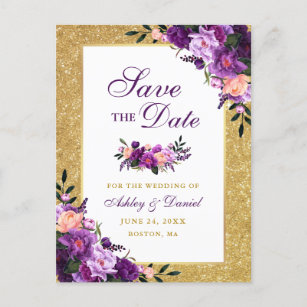 Carte Postale Faire-part Violet violet Floral Parties scintillant or Enregi