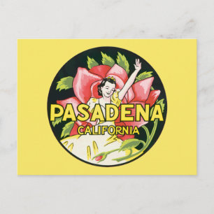 Carte Postale Faire-part Voyage Vintage, Pasadena Californie, Dame et Rose