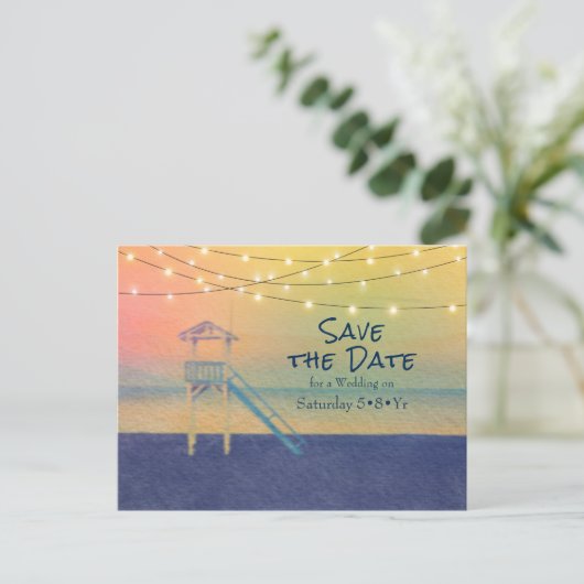 Carte Postale Faire-part Vue de plage Aquarelle Chaîne Luminaire (Debout devant)