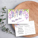 Carte Postale Faire-part Watercolor Floral Purple Wisteria Enregistrer la d<br><div class="desc">Aquarelle Floral Enregistrer la Date, gouttant dans de jolies glycine, que vous pouvez modifier pour n'importe quelle occasion. Votre date spéciale est indiquée sur l'avant en écriture violette, encadrée de fleurs de glycine d'aquarelle dans les tons violet, lavande, rose et mauve avec un peu de verdure. Le dos de la...</div>