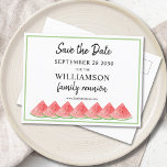 Carte Postale Faire-part Watermelon Family Reunion Enregistrer La Date<br><div class="desc">Cette carte postale Famille Retrouvailles Save The Date est décorée de pastèques aquarelles. Facile à personnaliser. Utilisez l'outil de conception pour modifier la taille, le style ou la couleur du texte. Parce que nous créons notre oeuvre, vous ne trouverez pas cette image exacte d'autres designers. Aquarelle originale © Michele Davies....</div>