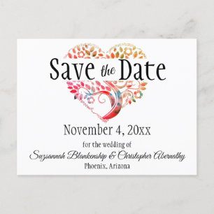 Carte Postale Faire-part Wedding Save The Date Orange Burgundy Tree Heart