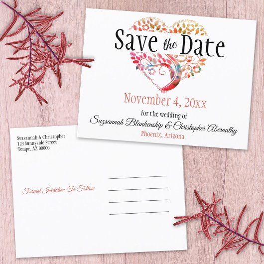 Carte Postale Faire-part Wedding Save The Date Orange Burgundy Tree Heart