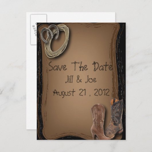 Carte Postale Faire-part western cowboy bottes mariage enregistrer la date (Devant / Derrière)