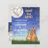 Carte Postale Faire-part Whimsical Blue Bunny Rabbit Lune Stars Mariage (Devant / Derrière)