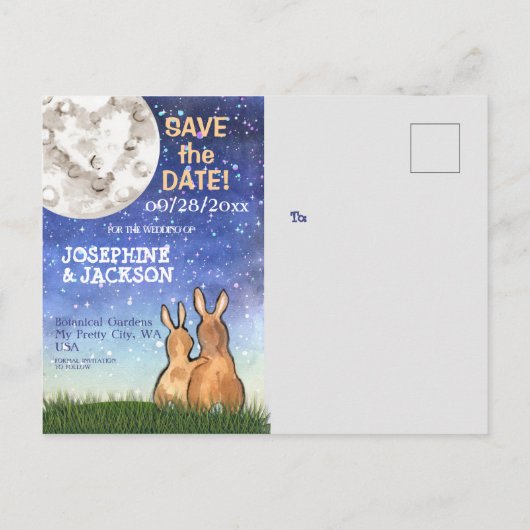 Carte Postale Faire-part Whimsical Blue Bunny Rabbit Lune Stars Mariage (Dos)