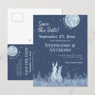Carte Postale Faire-part Whimsical Blue Rabbit Bunny Moon Stars Mariage