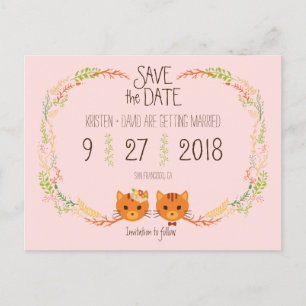 Carte Postale Faire-part Whimsical Forest Cats Blush Wedding Enregistrer la