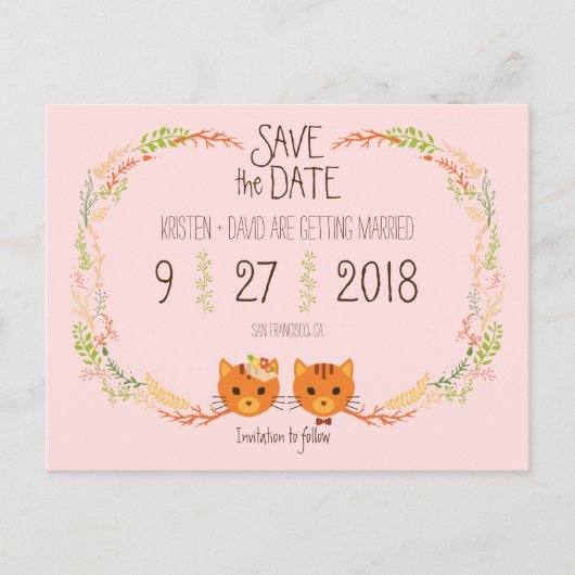 Carte Postale Faire-part Whimsical Forest Cats Blush Wedding Enregistrer la (Devant)