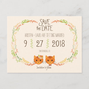 Carte Postale Faire-part Whimsical Forest Cats Cream Wedding Enregistrer la