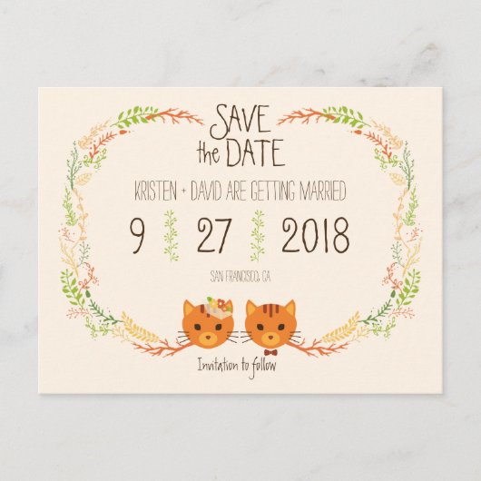 Carte Postale Faire-part Whimsical Forest Cats Cream Wedding Enregistrer la (Devant)