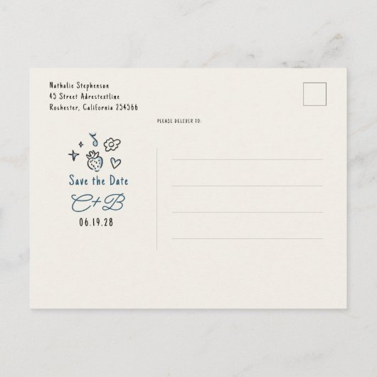 Carte Postale Faire-part Whimsical Funky Hand Drawn Save The Date (Dos)