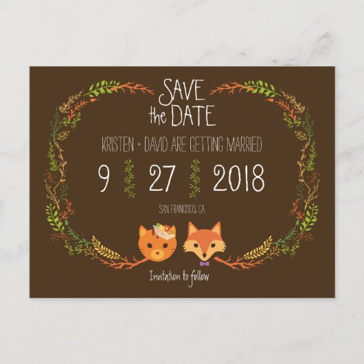 Carte Postale Faire-part Whimsical Woodland Chat & Fox mariage Enregistrer  (Devant)