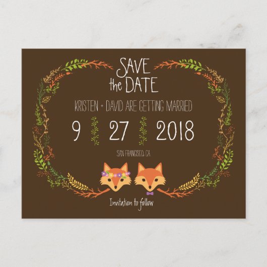 Carte Postale Faire-part Whimsical Woodland Foxes mariage Enregistrer la da (Devant)