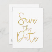 Carte Postale Faire-part White & Gold ENREGISTRER LA DATE Modern Script Car (Devant / Derrière)