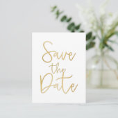 Carte Postale Faire-part White & Gold ENREGISTRER LA DATE Modern Script Car (Debout devant)