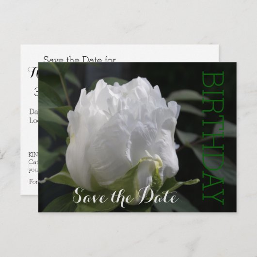 Carte Postale Faire-part White Peony 30th Birthday Enregistrer la date Cart (Devant / Derrière)